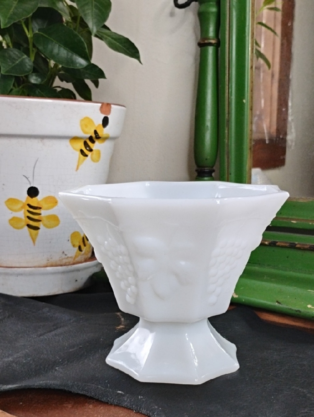 Vintage White Milk Glass Pedestal Vase with Grape Motif